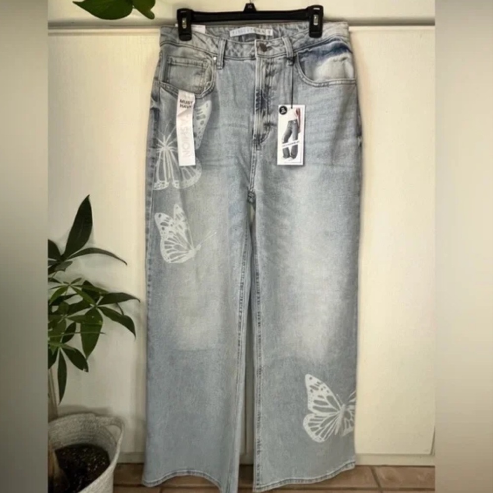 Tinseltown NEW High Rise Wide-Leg Butterfly Print Jeans Juniors' Size 13 NWT